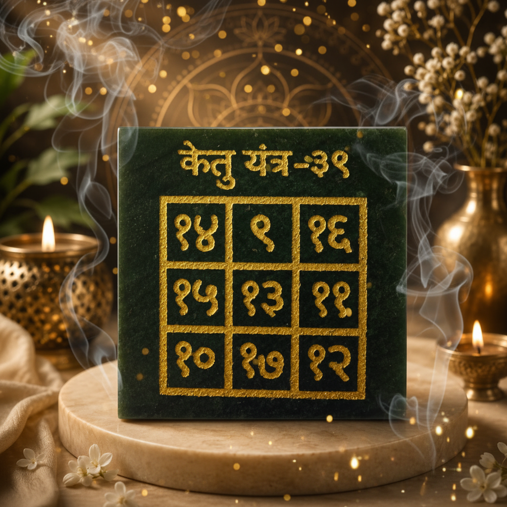 Ketu Yantra close-up showing golden Sanskrit numerals