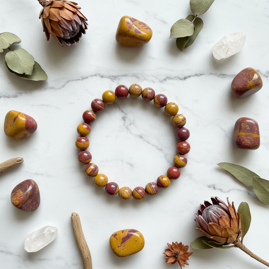 Natural Mookaite Jasper Bracelet flat lay with vibrant mookaite stones and flowers