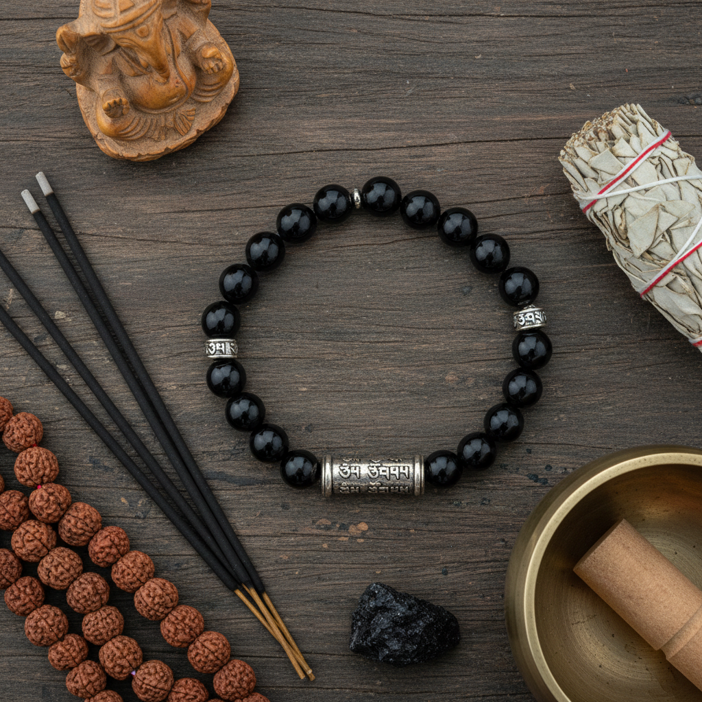 Natural OM Mani Black Onyx Bracelet flat lay with onyx stones and sacred elements