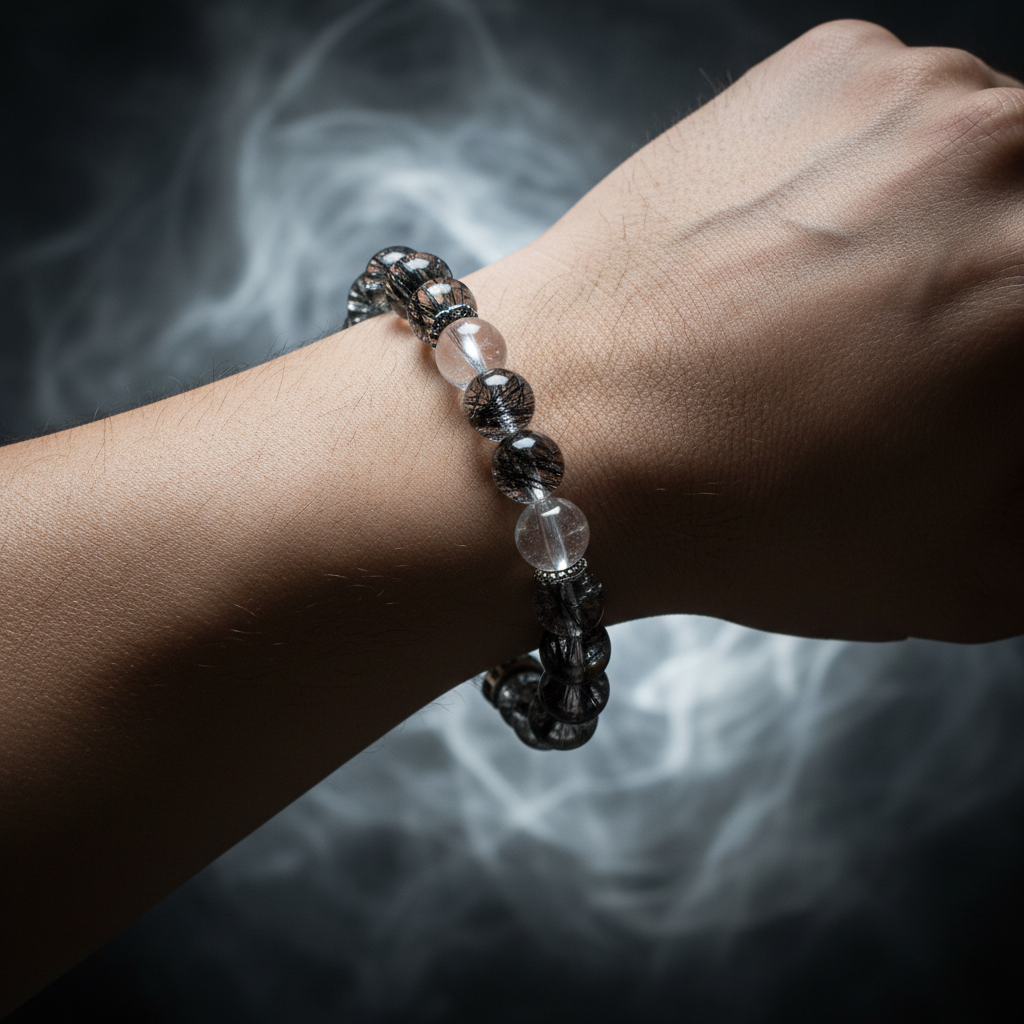 Natural Black Rutile Quartz Bracelet worn on wrist