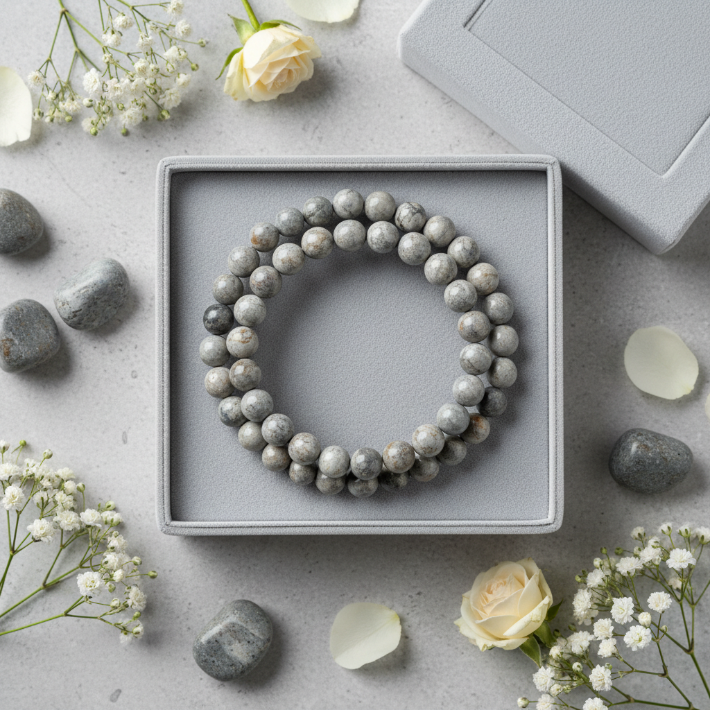 Natural Grey Jasper Bracelet in premium gift box with soft grey velvet