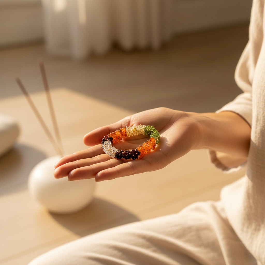 7 Chakra bracelet held in palm during meditation