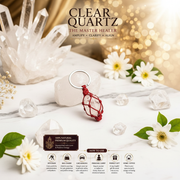 Clear Quartz Keychain on white marble with quartz points