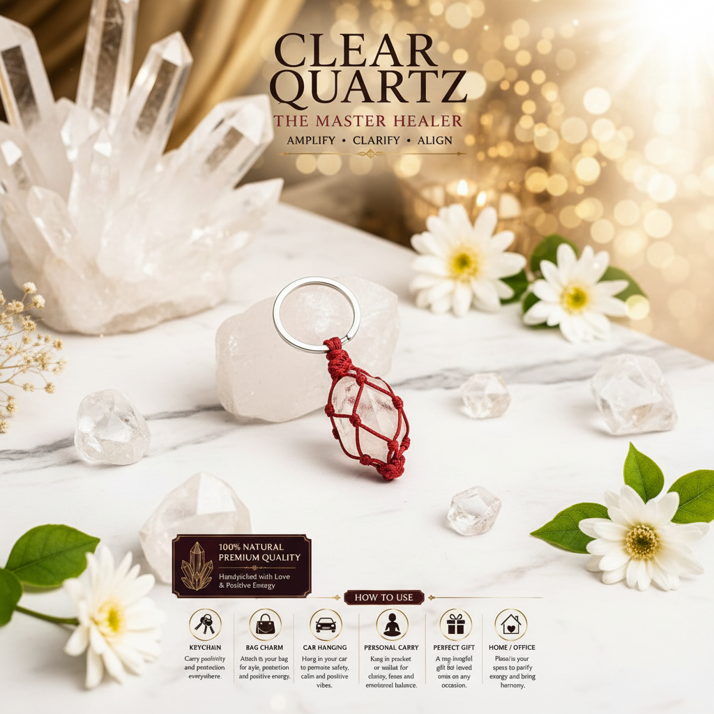 Clear Quartz Keychain on white marble with quartz points