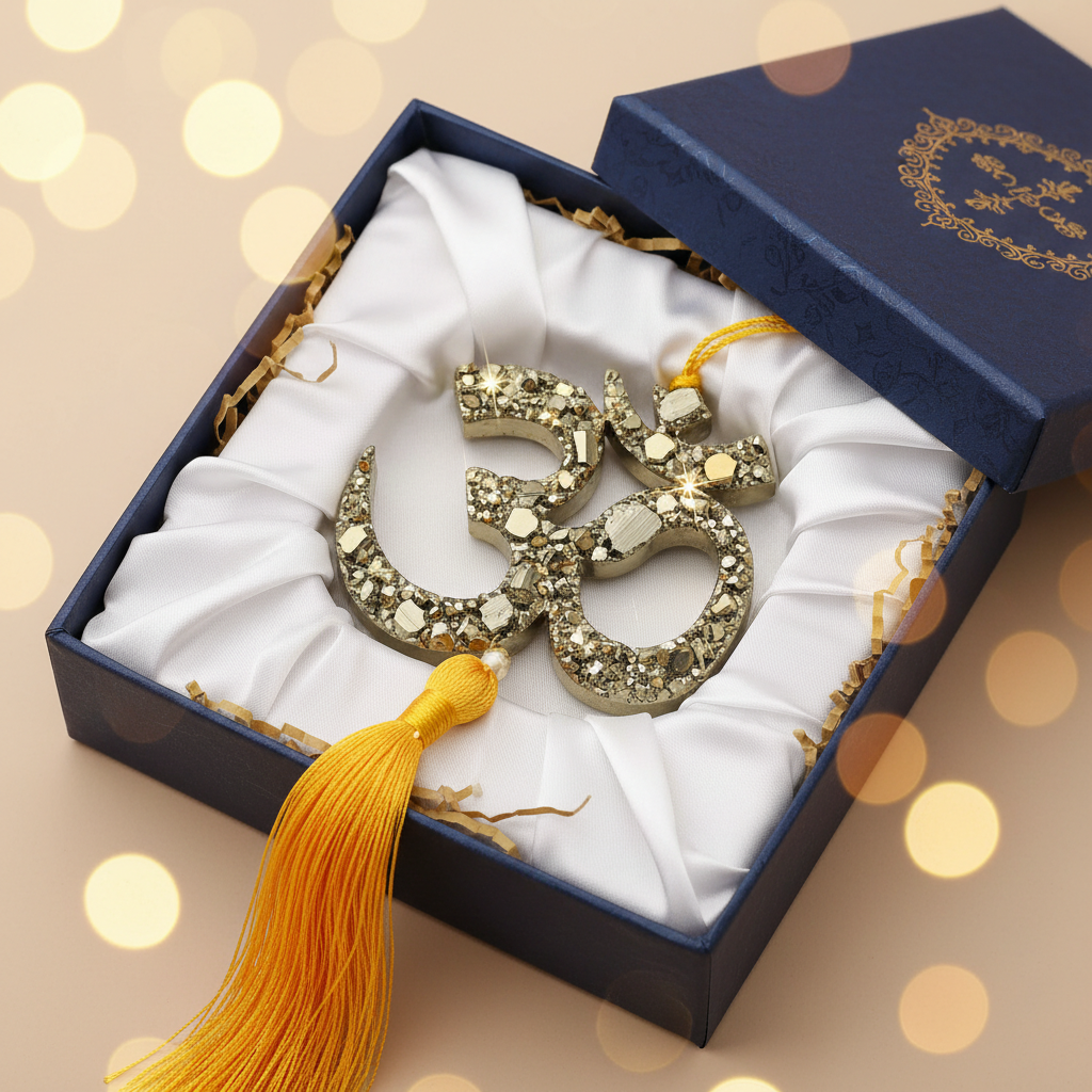 Pyrite Om wall hanging in premium gift box with gold tissue paper and satin lining