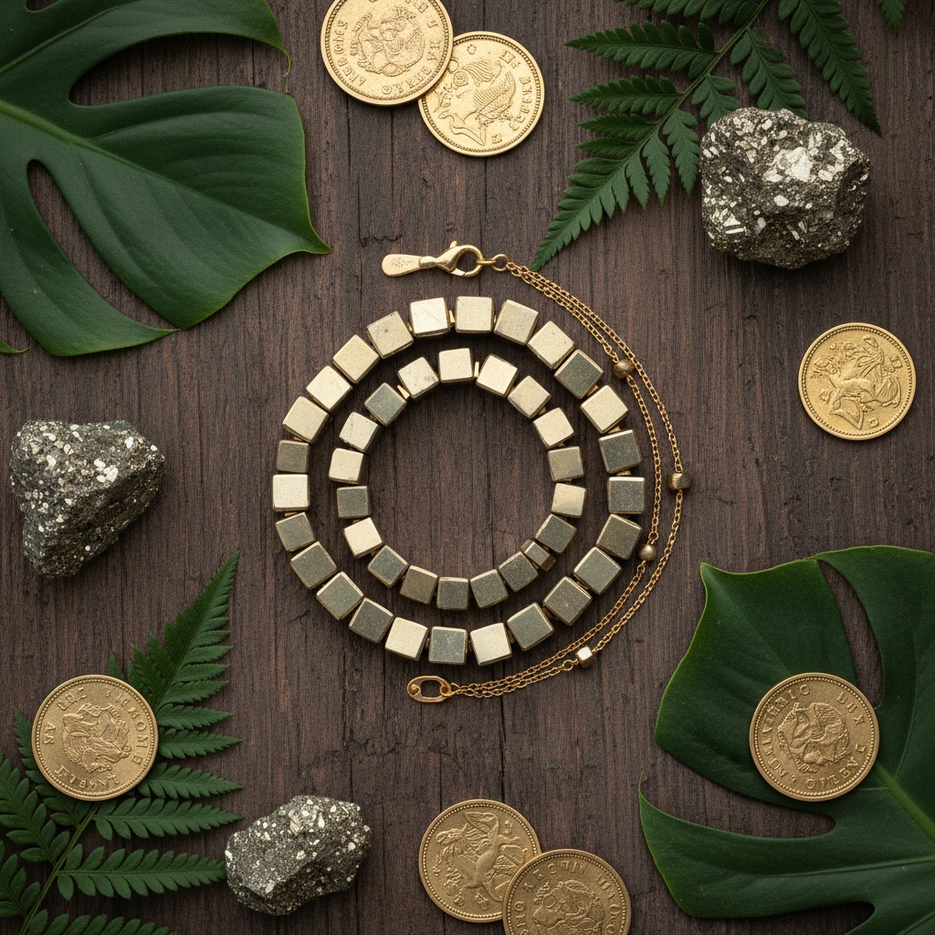 Golden Pyrite Cube Bracelet flat lay with gold coins and pyrite nuggets