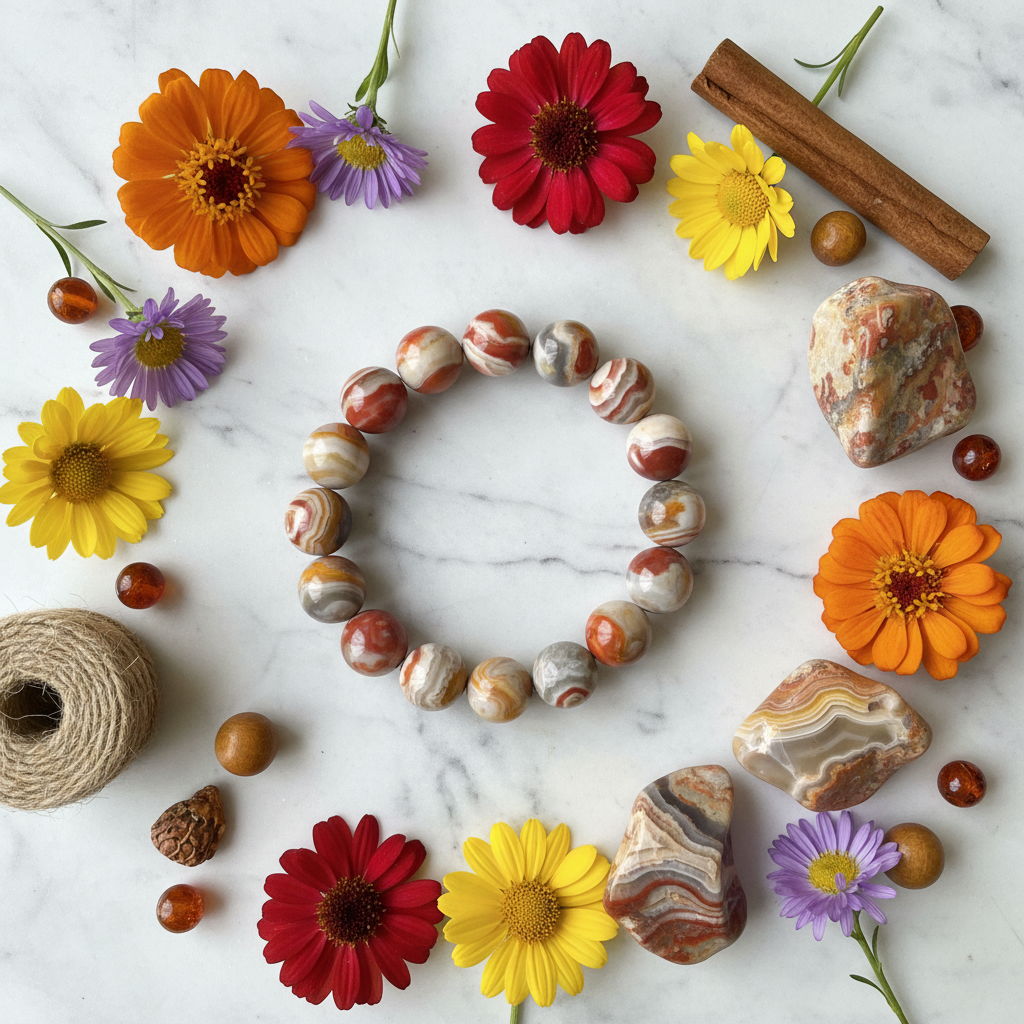 Natural Crazy Lace Agate Bracelet flat lay with agate stones and colorful flowers