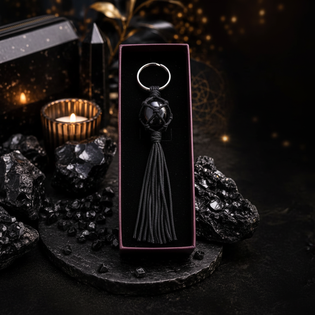Black Obsidian Keychain on volcanic rock surface