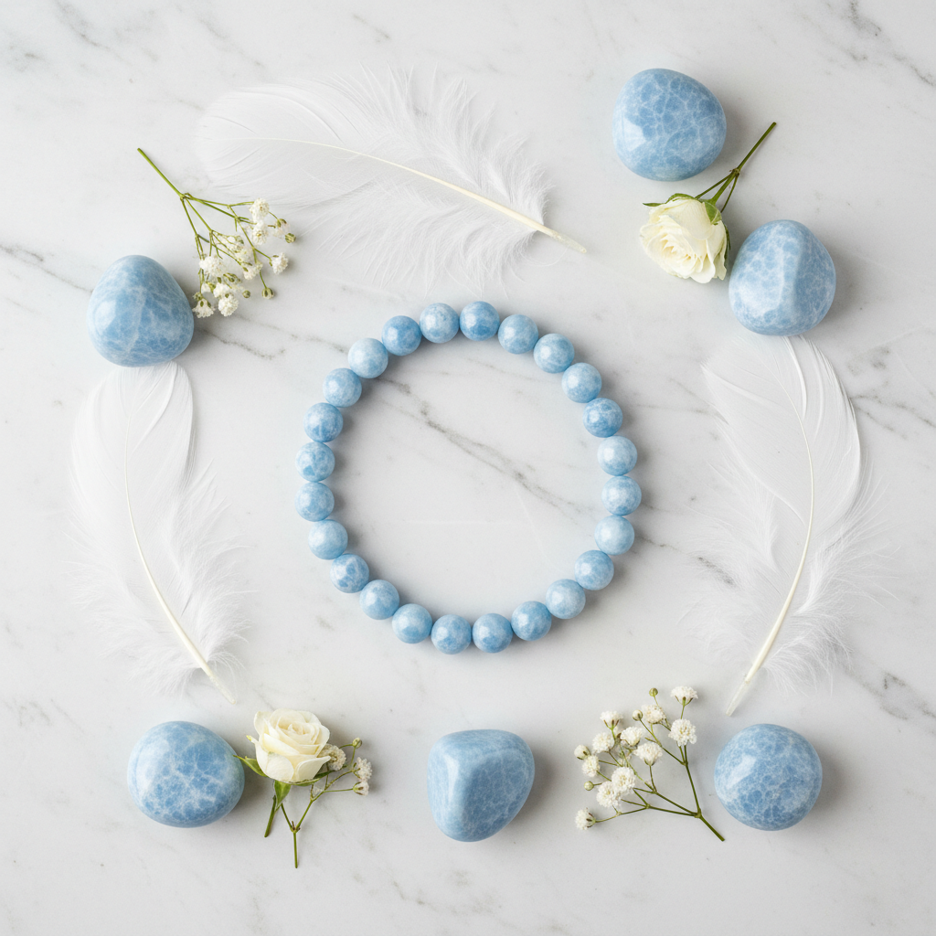 Natural Angelite Bracelet flat lay with angelite stones and white feathers