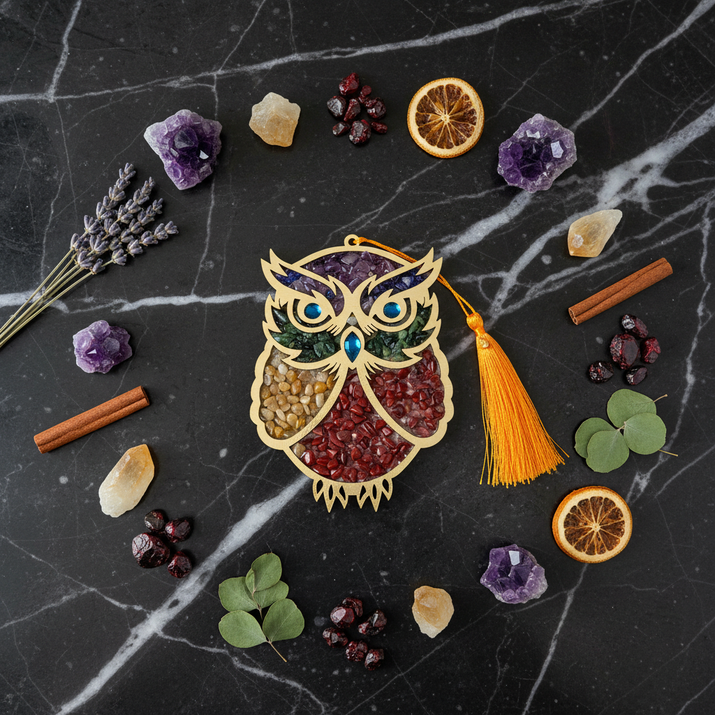 Crystal owl wall hanging flat lay on dark marble with raw crystals and botanicals