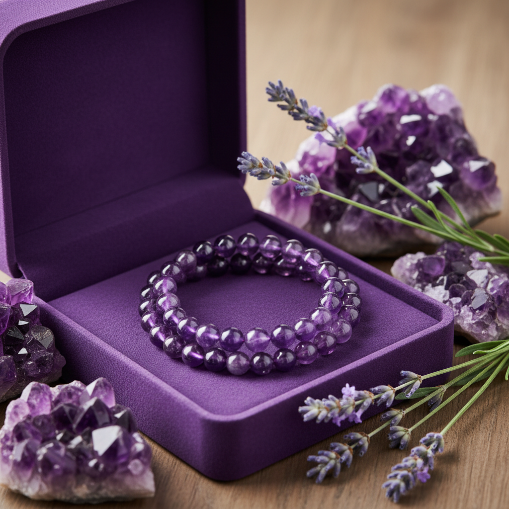 Natural Amethyst Bracelet in premium gift box with purple velvet