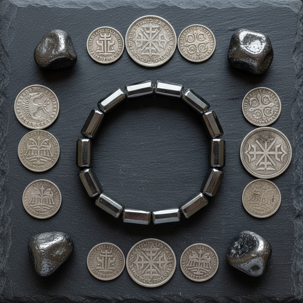 Chunky Rectangular Hematite Bracelet flat lay with hematite stones and silver coins