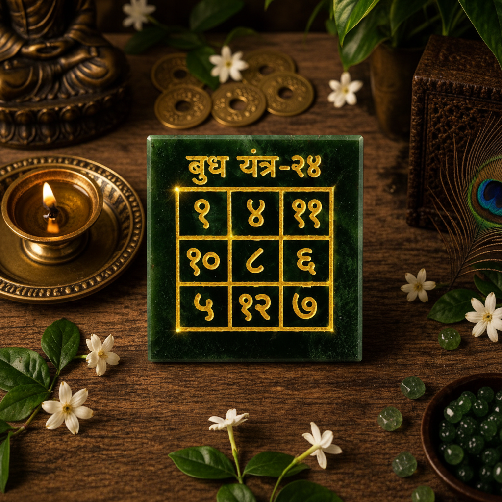 Budh Yantra flat lay with green crystals and flowers