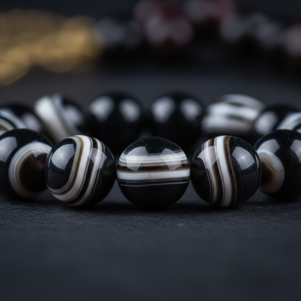 Natural Sulemani Hakik Bracelet bead close-up showing white banding