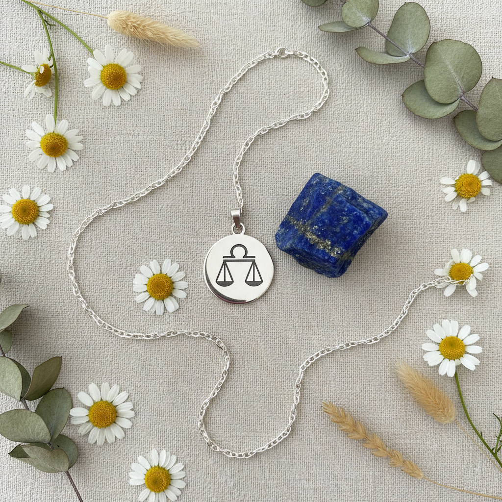 Libra pendant flat lay with silver chain lapis lazuli stone and dried botanicals