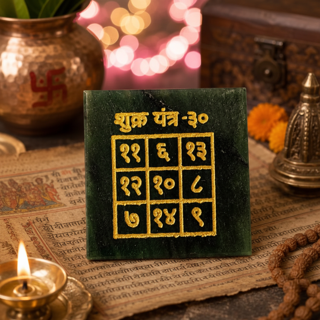 Shukra Yantra close-up showing golden Sanskrit numerals