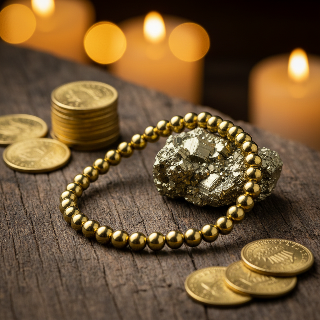 Natural Pyrite Bracelet on dark wood with pyrite cluster and gold coins
