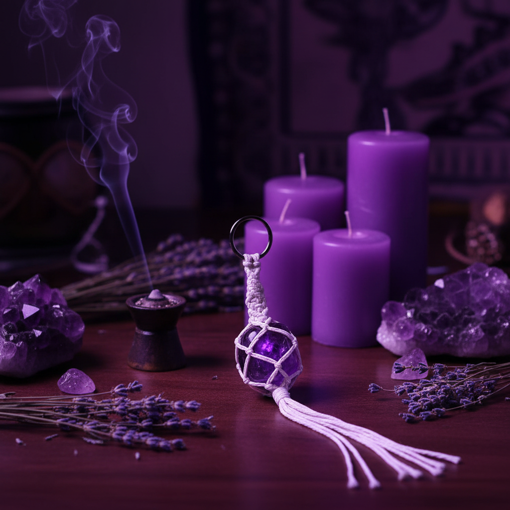 Amethyst Keychain on spiritual meditation altar