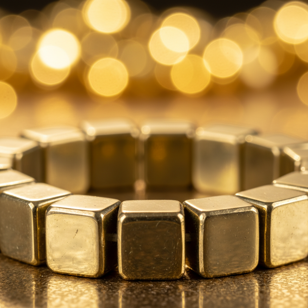 Golden Pyrite Cube Bracelet close-up showing metallic gold cubic beads