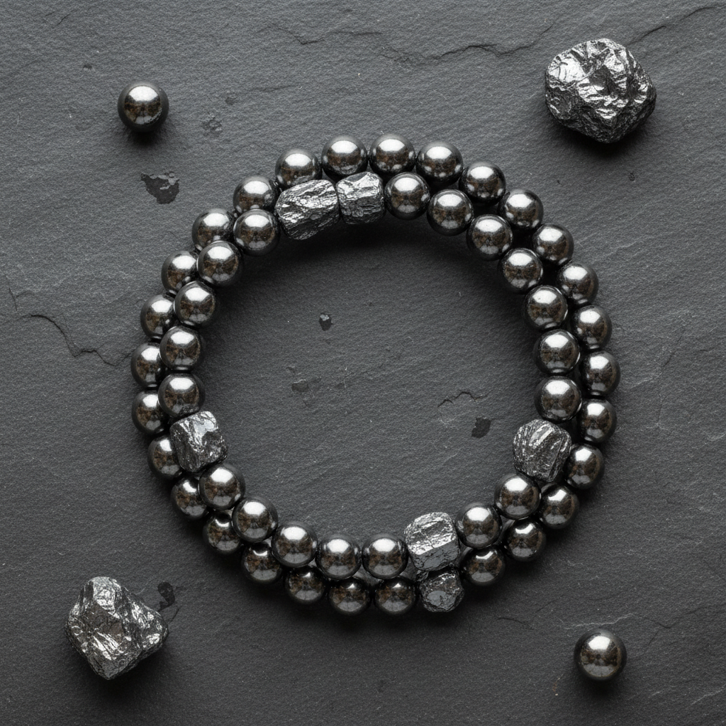 Double Layer Natural Hematite Bracelet flat lay showing two strands with hematite stones