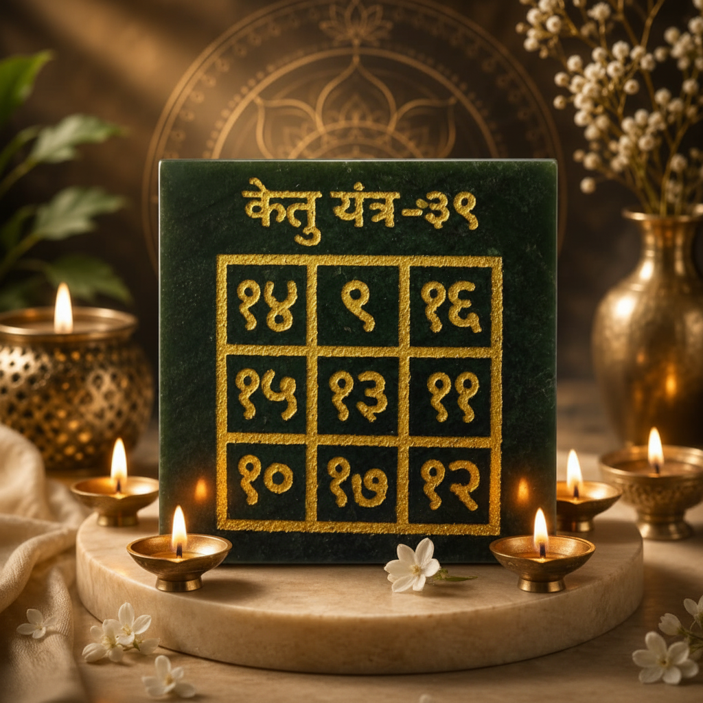 Ketu Yantra on marble tray with golden mandala backdrop