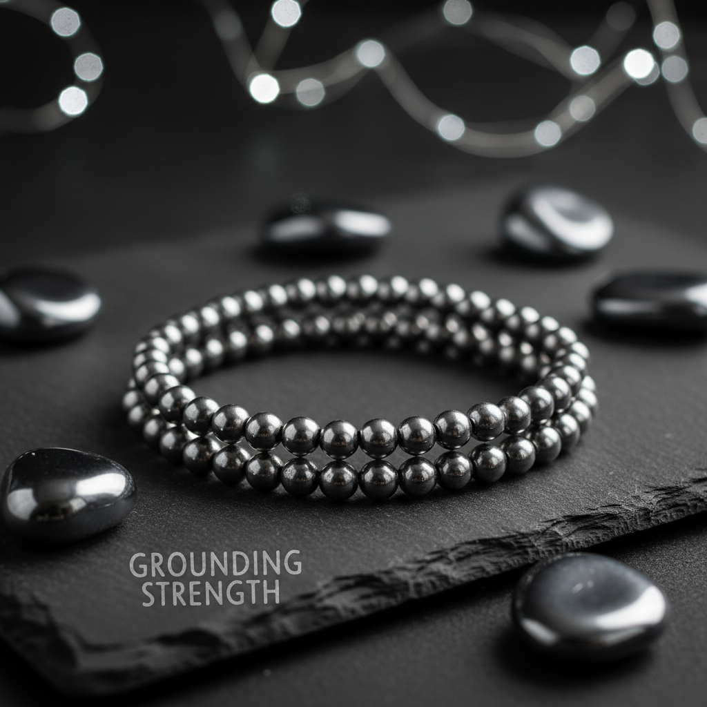Double Layer Natural Hematite Bracelet on dark slate with hematite stones and silver light