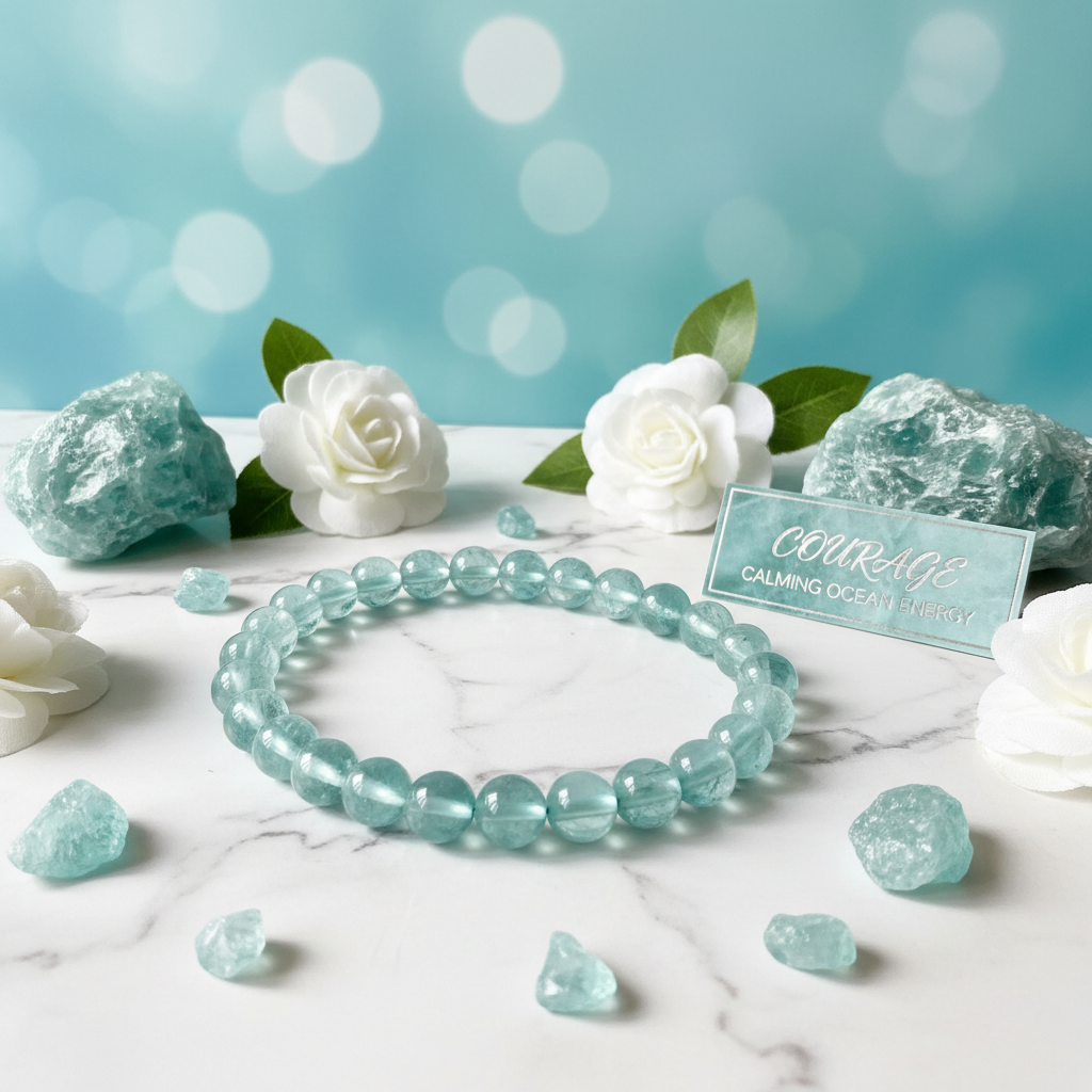 Natural Aquamarine Bracelet on white marble with aquamarine crystals and white flowers