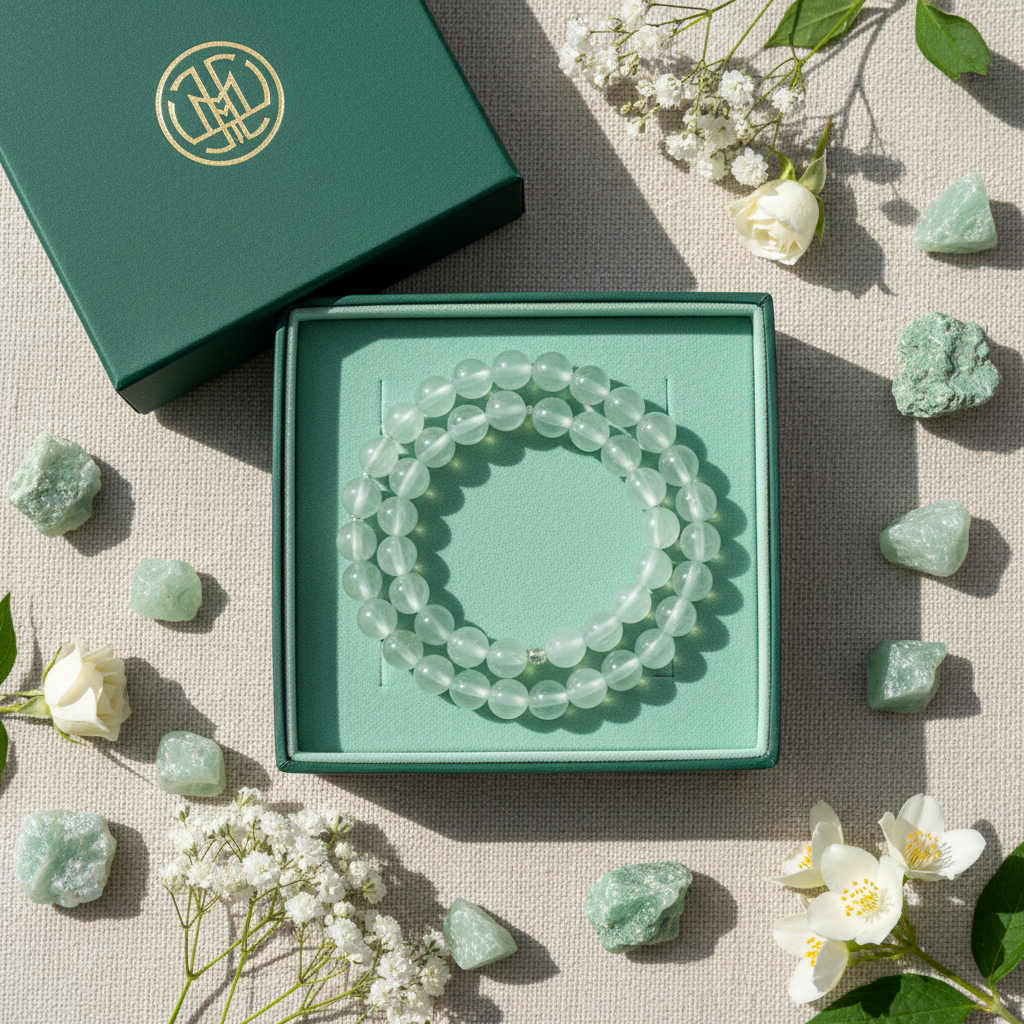 Natural Prehnite Bracelet in premium gift box with mint green velvet