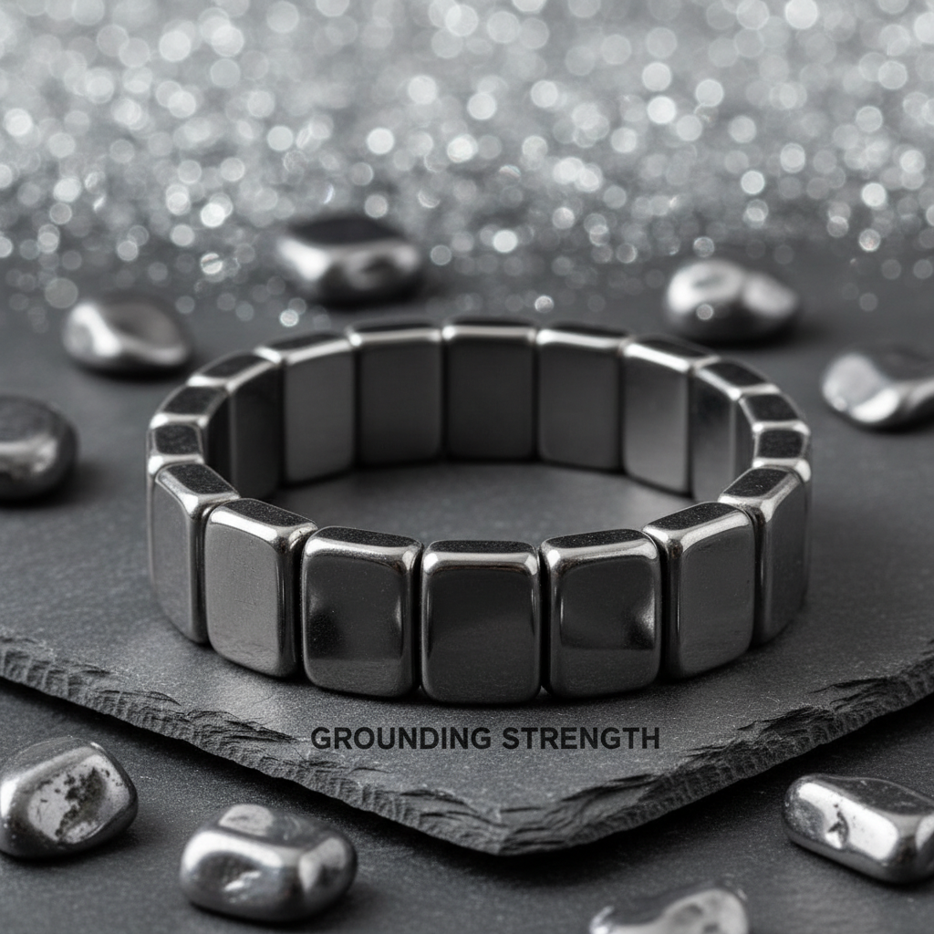 Chunky Rectangular Hematite Bracelet on dark slate with hematite stones and silver light