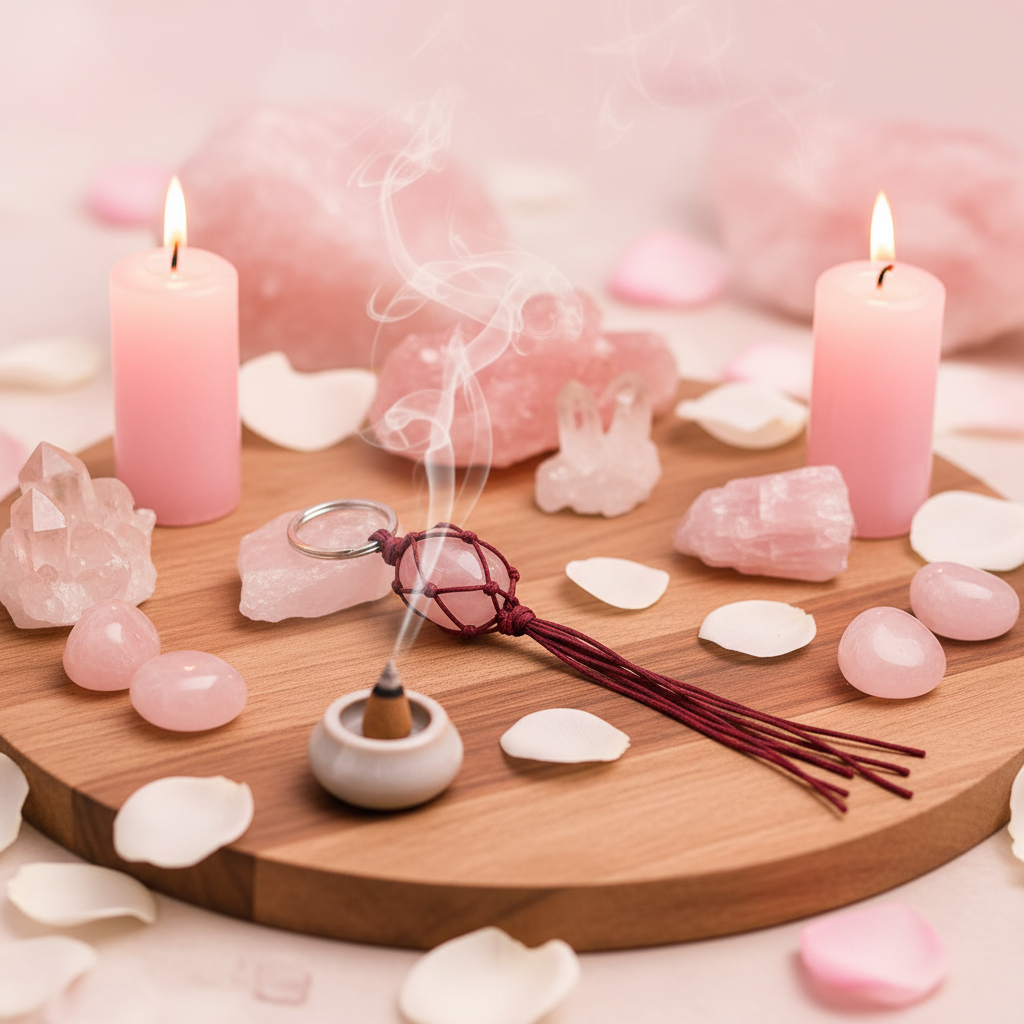 Rose Quartz Keychain on romantic meditation altar