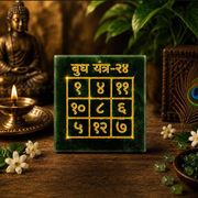 Budh Yantra on wooden surface with brass diya and Buddha statue