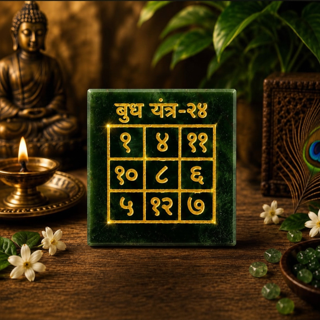 Budh Yantra on wooden surface with brass diya and Buddha statue
