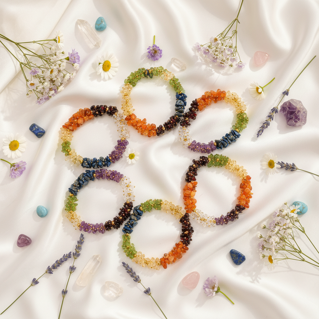 7 Chakra bracelets flat lay on white silk