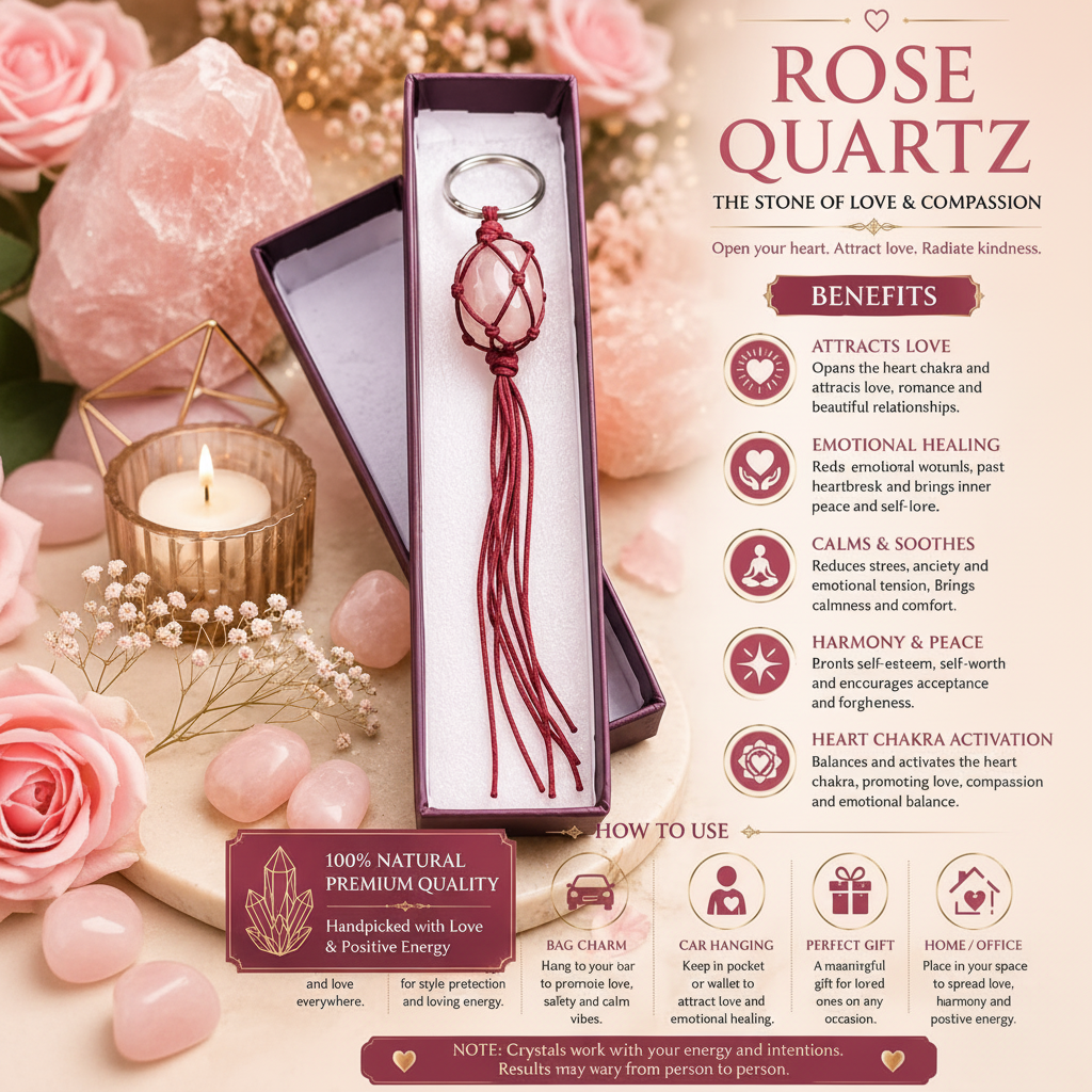 Rose Quartz Keychain in premium gift box with pink roses
