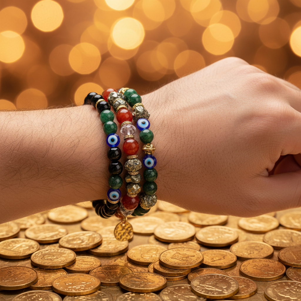 Dhan Dhara Dhanyog Bracelet worn on wrist with gold coins