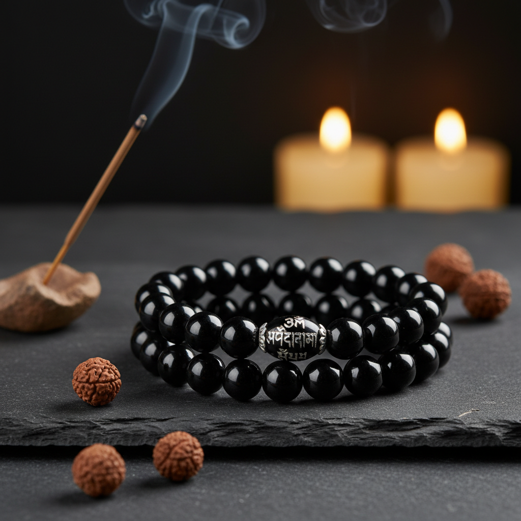 Natural OM Mani Black Onyx Bracelet on dark slate with incense and sacred elements