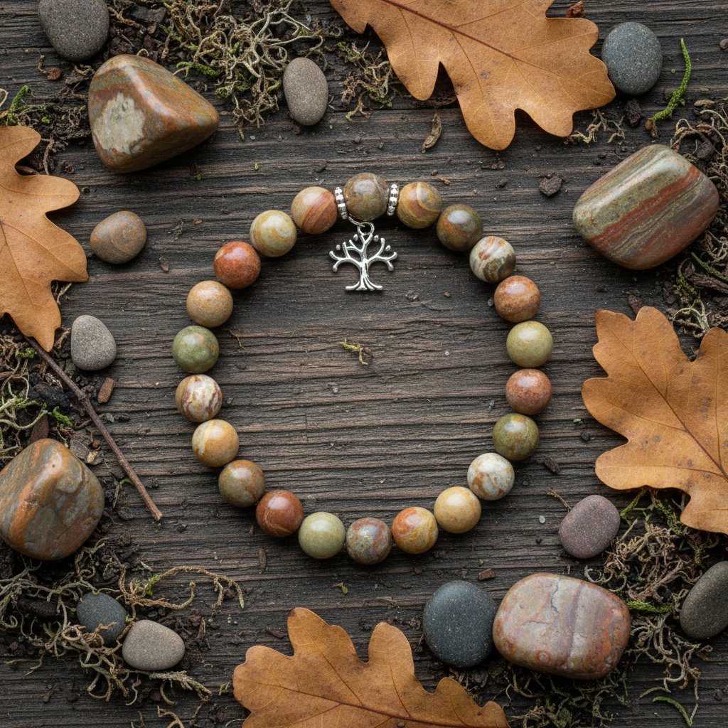 Natural Picture Jasper Bracelet flat lay with jasper stones and earthy elements