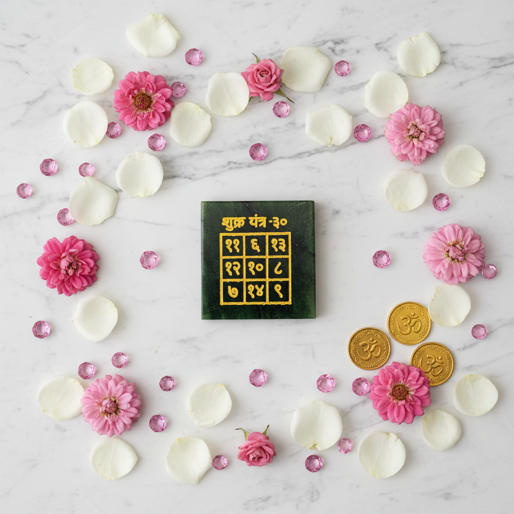 Shukra Yantra flat lay with rose petals and diamond crystals