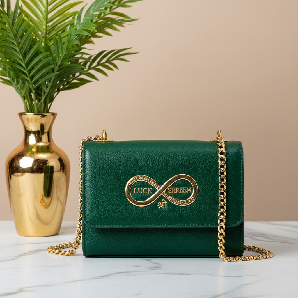 Infinite Luck Shreem Ladies Purse on marble with gold chain and green plant