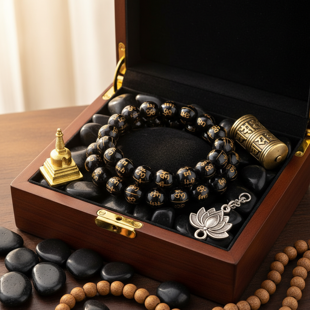 Natural OM Mani Padme Hum Black Onyx Bracelet in premium gift box with black velvet