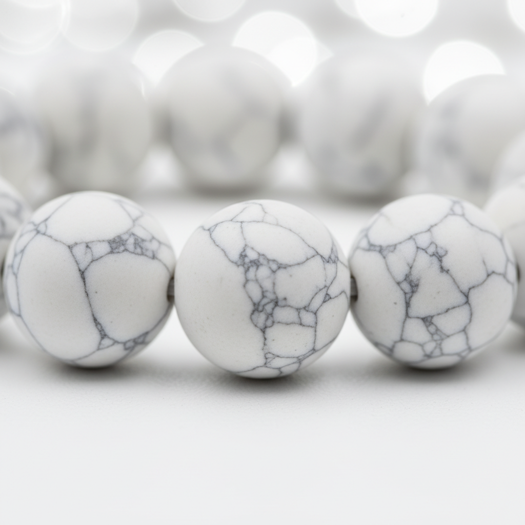 Natural White Howlite Bracelet bead close-up showing marble-like veining