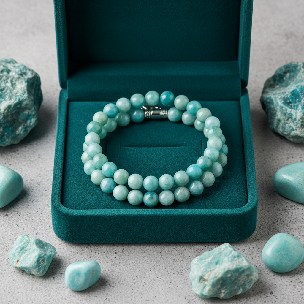 Natural Multi Amazonite Bracelet in premium gift box with teal-green velvet
