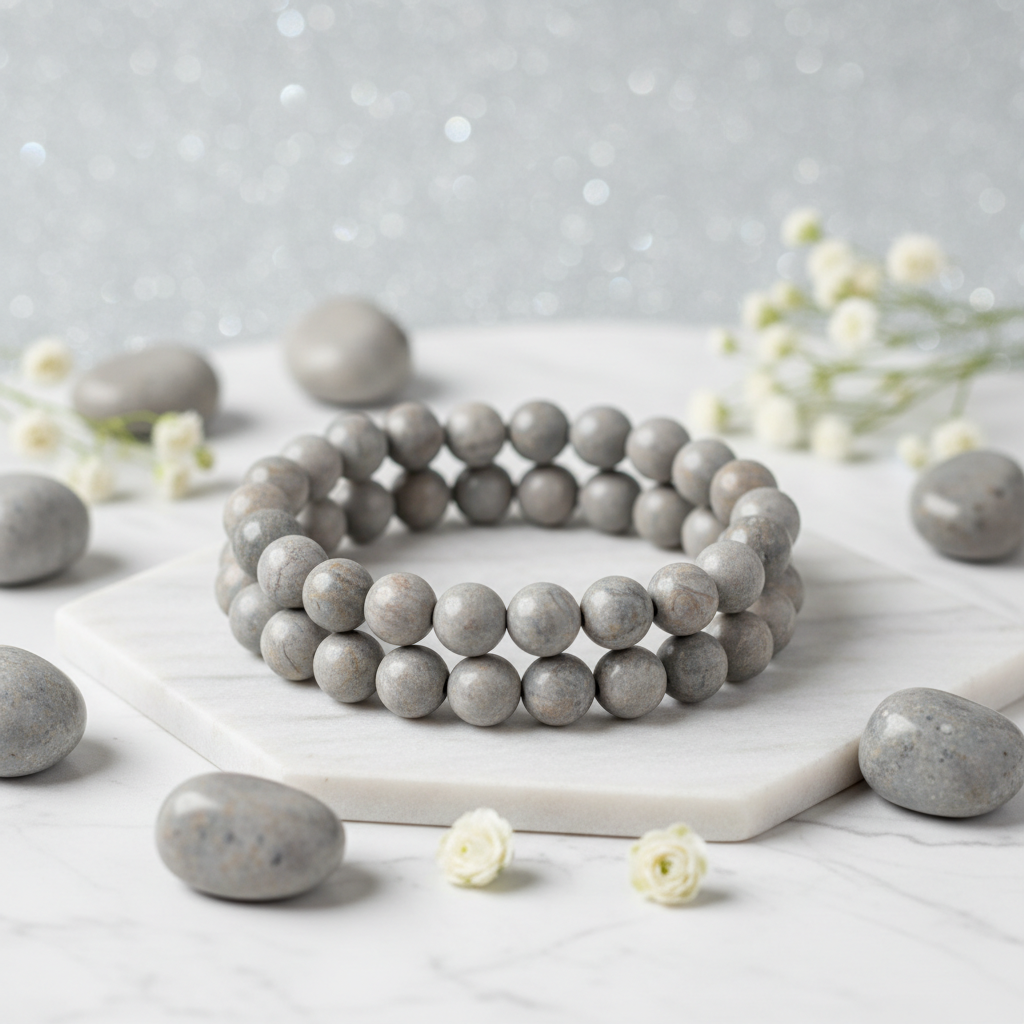 Natural Grey Jasper Bracelet on white marble with grey jasper stones and white flowers