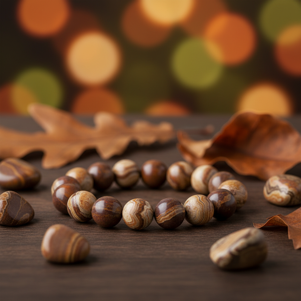 Natural Picture Jasper Bracelet on dark wood with jasper stones and dried leaves