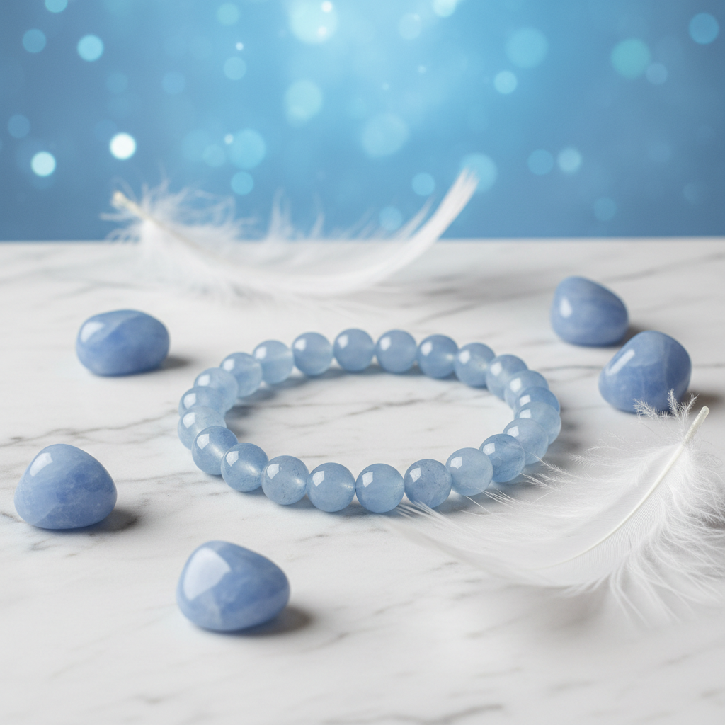 Natural Angelite Bracelet on white marble with angelite stones and white feathers