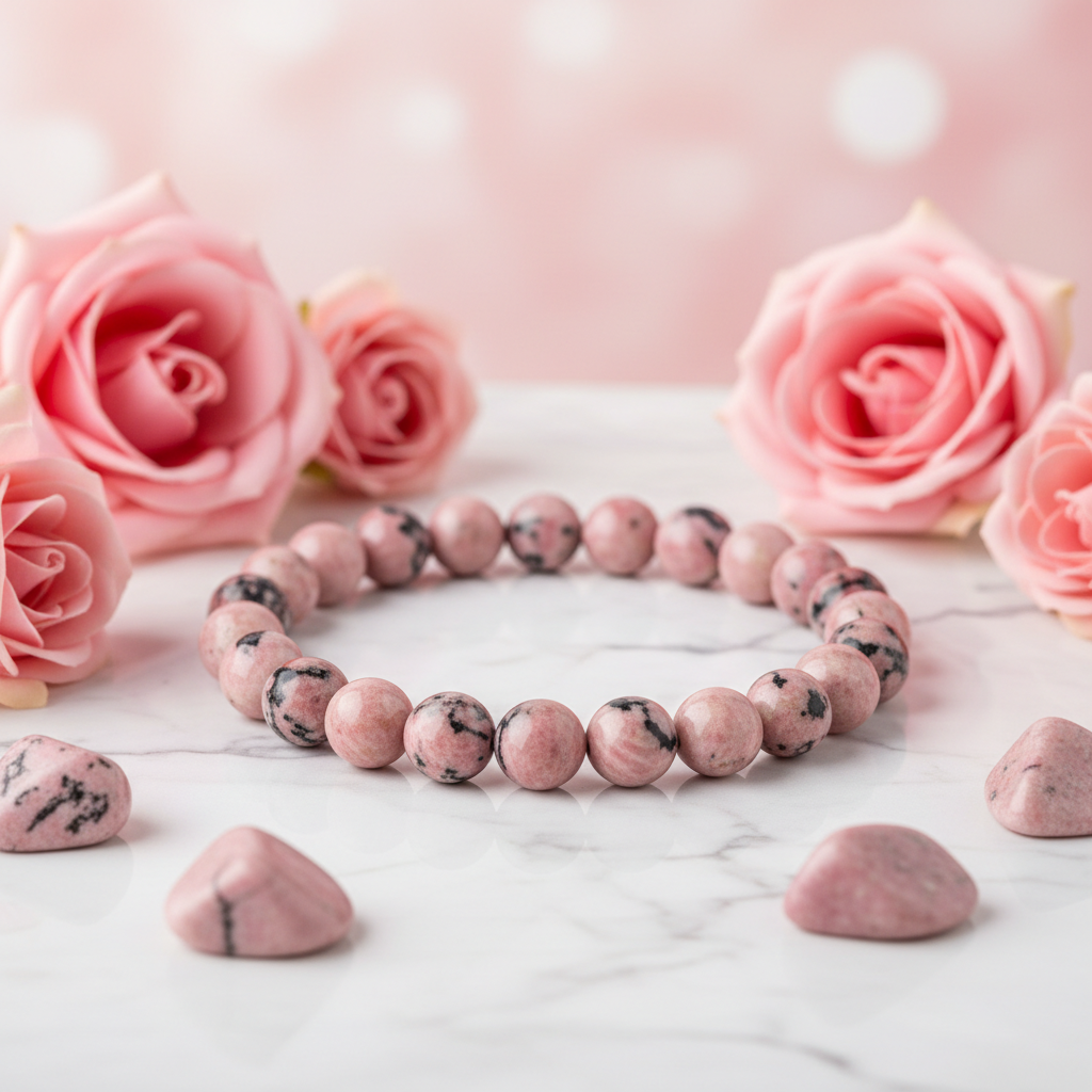 Natural Pink Rhodonite Bracelet on white marble with pink roses