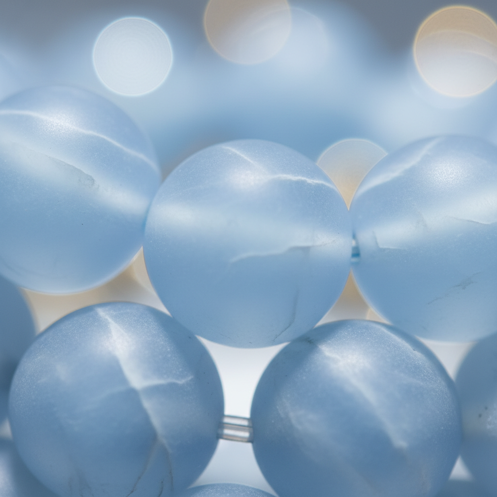 Natural Angelite Bracelet bead close-up showing soft powder blue color with white patterns