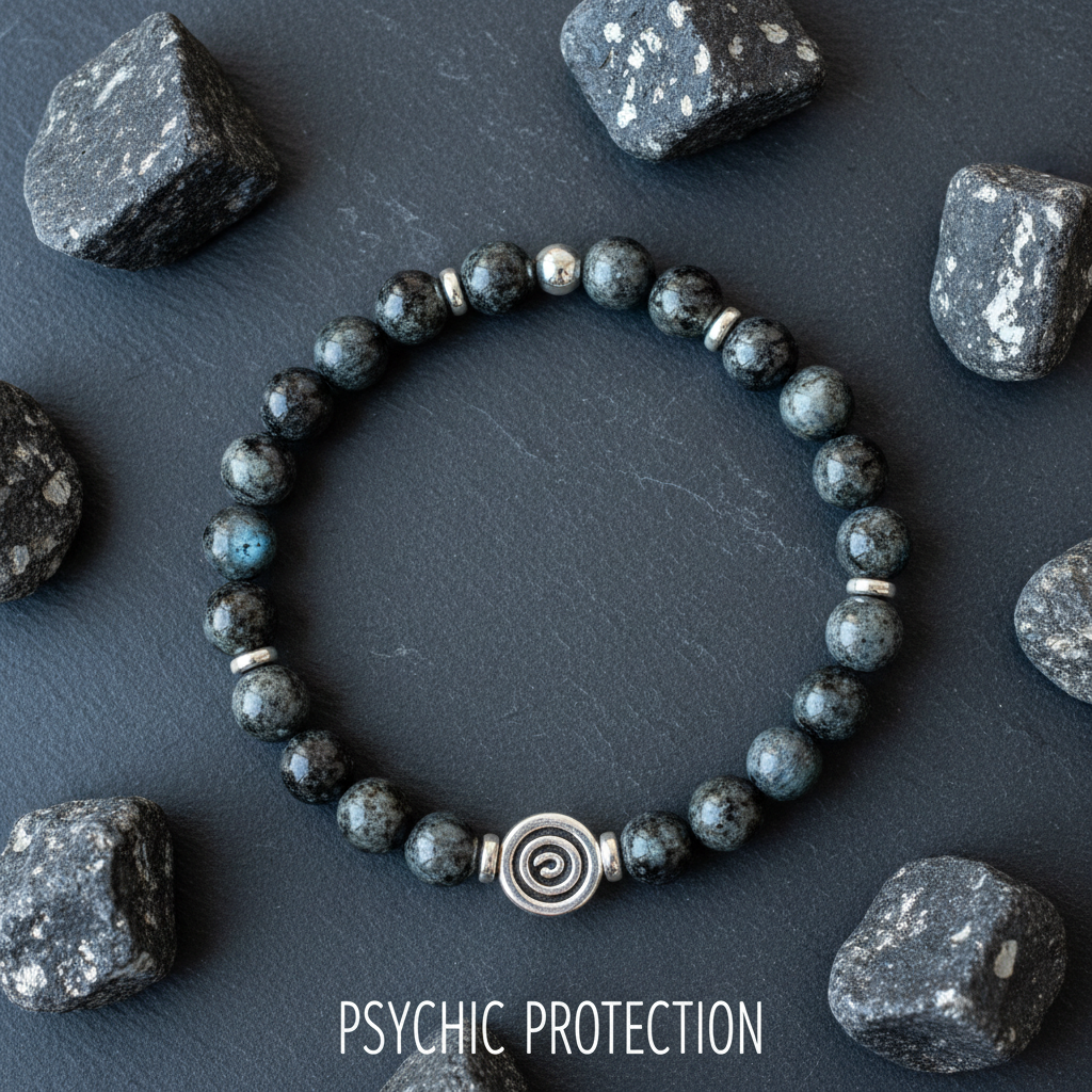 Natural Larvikite Bracelet flat lay with larvikite stones and silver accents