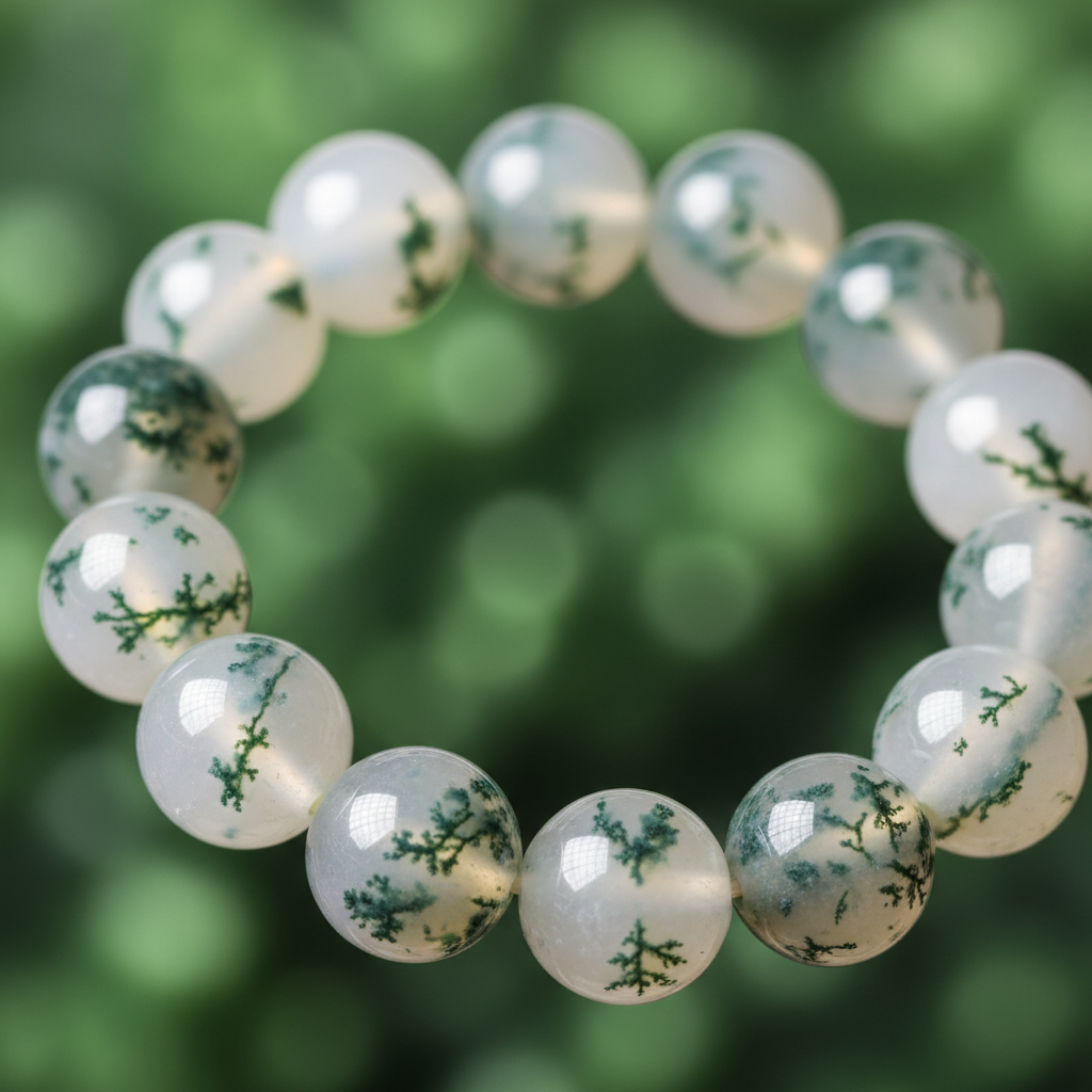 Natural Tree Agate Bracelet bead close-up showing white base with green dendritic tree patterns