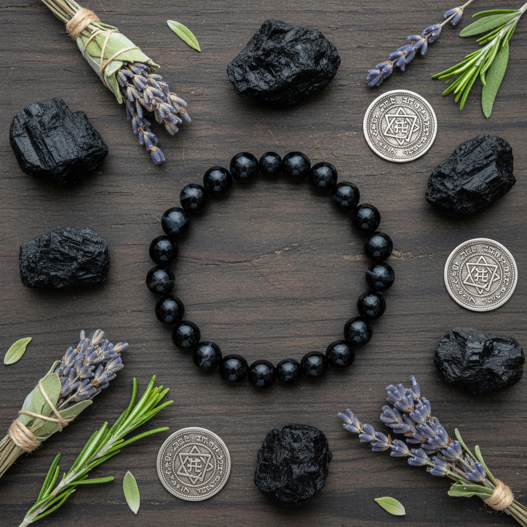 Natural Sulemani Hakik Bracelet flat lay with black crystals and silver coins